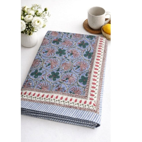Indian Cotton Tablecloth 150 x 220cm – Blue with Red / Green Floral