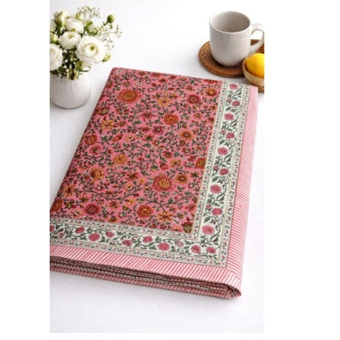 Indian Cotton Tablecloth 150 x 220cm – Dark Pink with Green / Red Floral