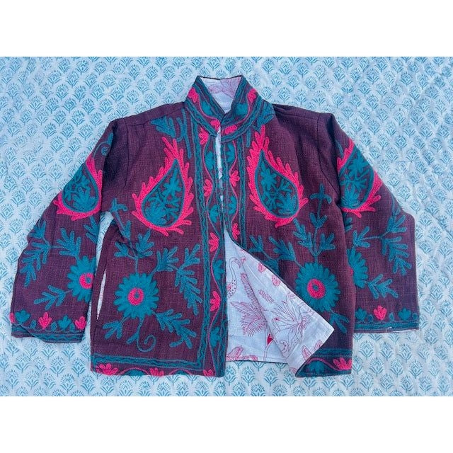 The Lucky Elephant Ladies Suzani Jacket - Burgundy with Floral Design