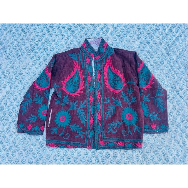 The Lucky Elephant Ladies Suzani Jacket - Burgundy with Floral Design
