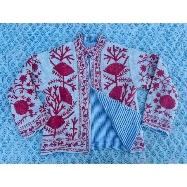 The Lucky Elephant Ladies Suzani Jacket - Cream with Red Floral Design
