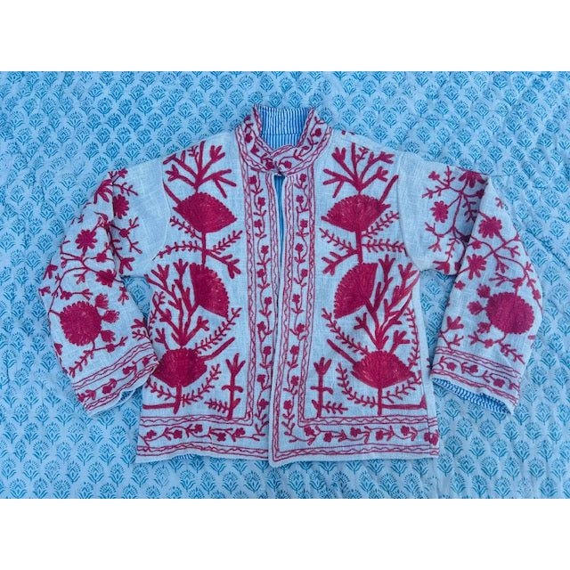 The Lucky Elephant Ladies Suzani Jacket - Cream with Red Floral Design