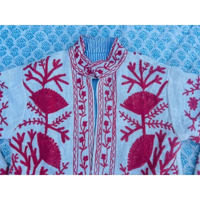 The Lucky Elephant Ladies Suzani Jacket - Cream with Red Floral Design