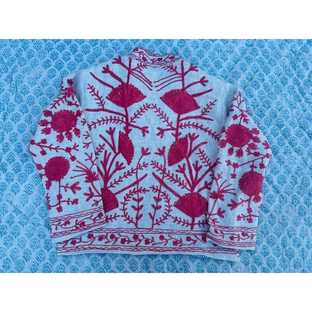 The Lucky Elephant Ladies Suzani Jacket - Cream with Red Floral Design