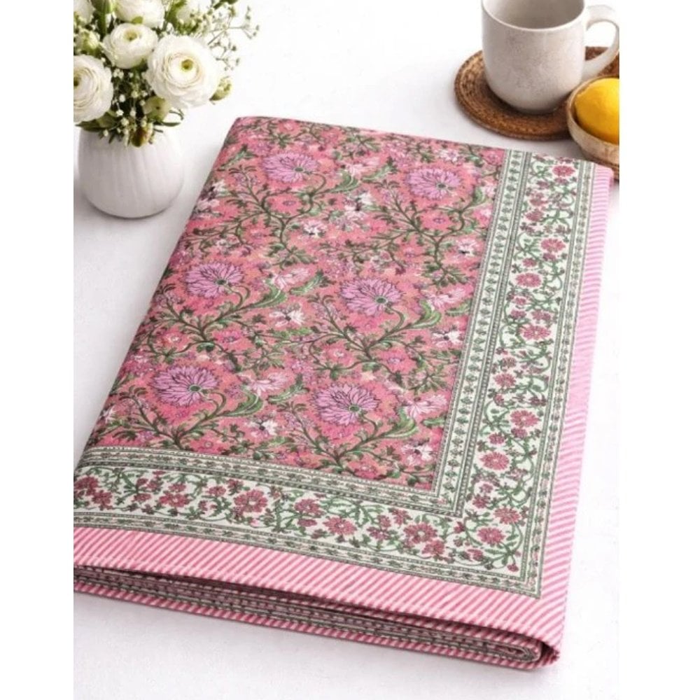 Indian Cotton Tablecloth 220 x 270cm – Pink & White Floral