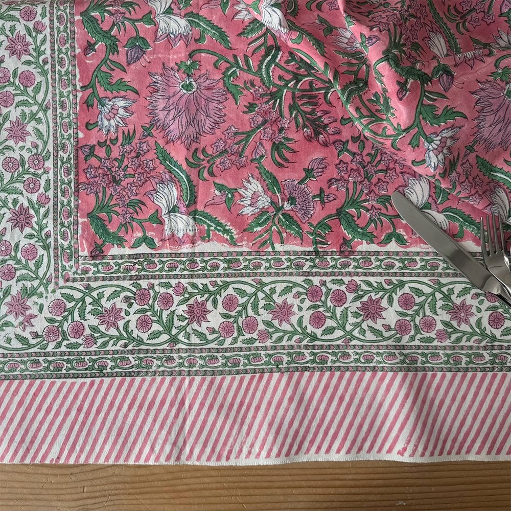 Indian Cotton Tablecloth 220 x 270cm – Pink & White Floral