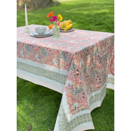 Indian Cotton Tablecloth 150 x 220cm – Pink with Grey and Yellow Floral