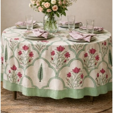Indian Cotton Round Tablecloth 240cm diameter - Red & Green Floral