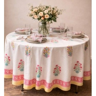 Indian Cotton Round Tablecloth 240cm diameter - Pink & Yellow Floral