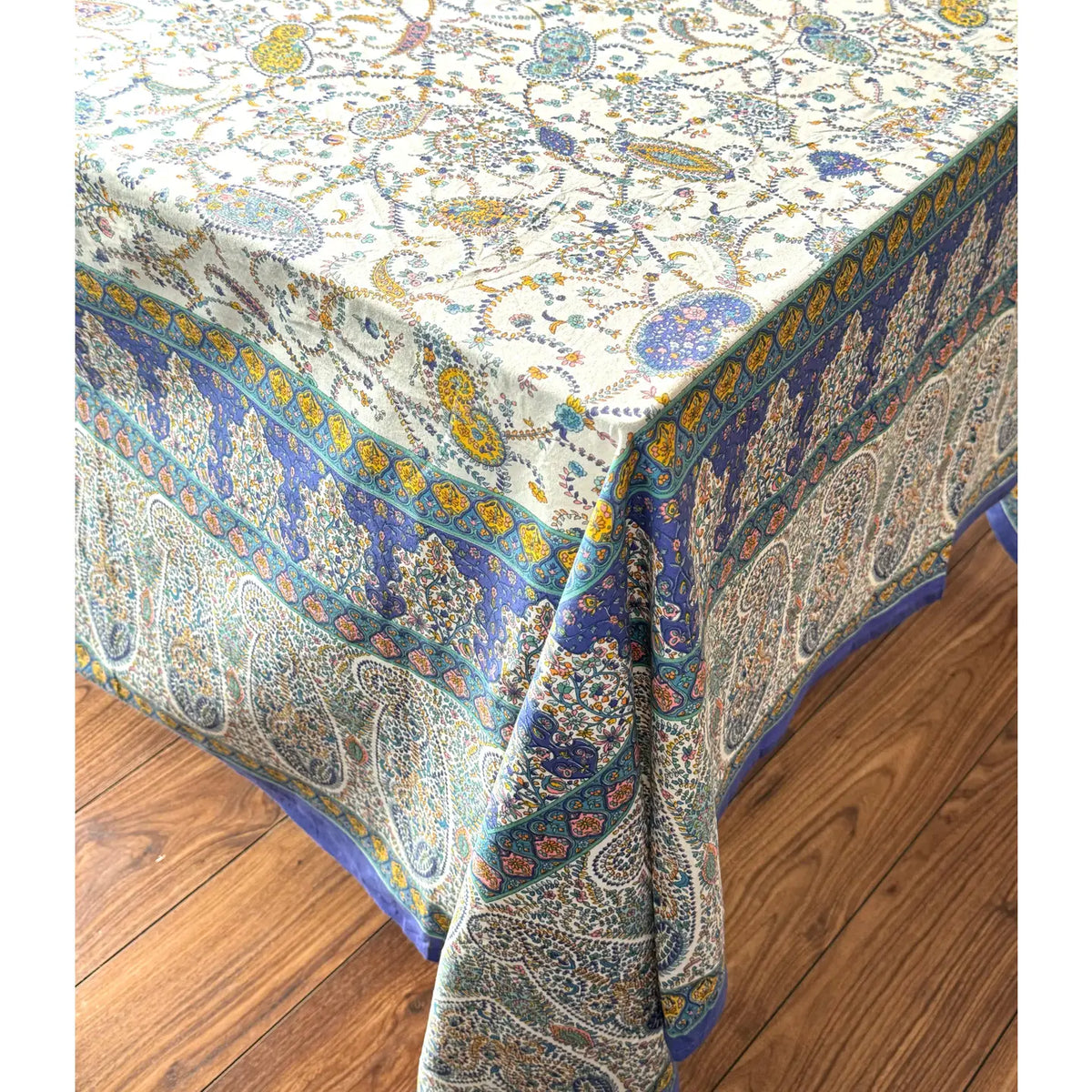 Indian Cotton Tablecloth 220 x 270cm – Blue Paisley on White