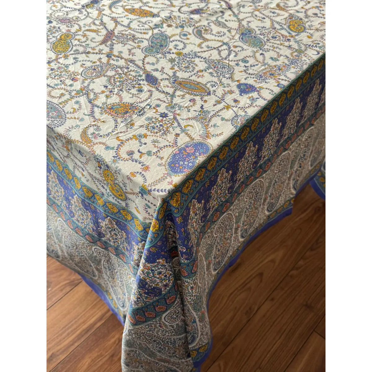 Indian Cotton Tablecloth 220 x 270cm – Blue Paisley on White