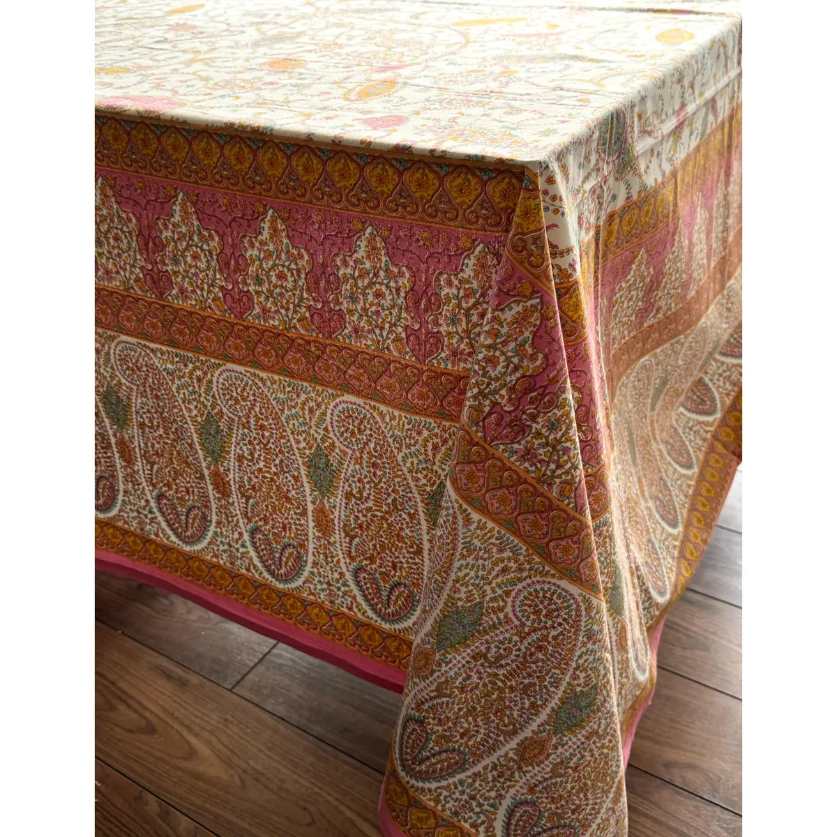Indian Cotton Tablecloth 220 x 270cm – Cream Pink Paisley