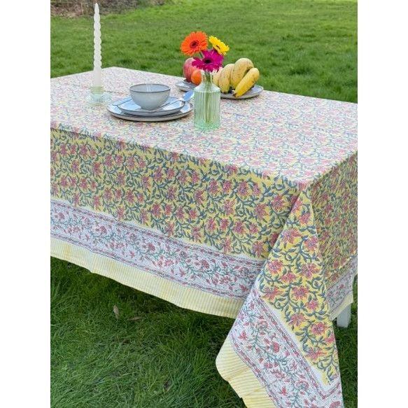 Indian Cotton Tablecloth 150 x 220cm – Yellow with Pink / Blue Floral