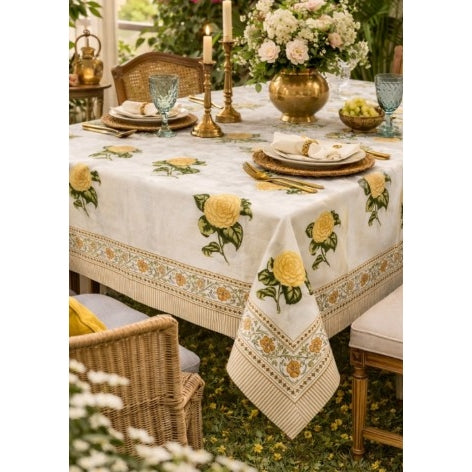 Indian Cotton Tablecloth 150 x 220cm – White with Yellow Flowers