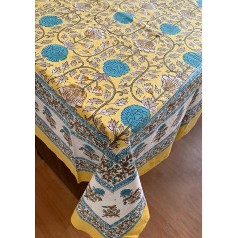 Indian Cotton Tablecloth 150 x 220cm – Yellow with Blue / Green Floral