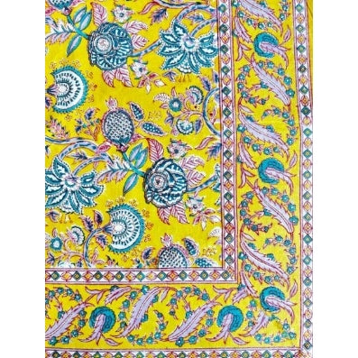Indian Cotton Tablecloth 150 x 220cm – Yellow with Aqua & Pink Floral